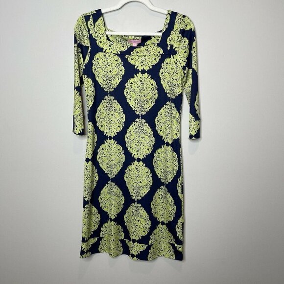 Lilly Pulitzer Womens Dress 6 Silk Knit Newport Navy Blue Green Resort Medallion - Picture 1 of 6